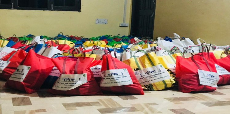 Ration and safety kits packed and ready for distribution in Patna under Project Pathik