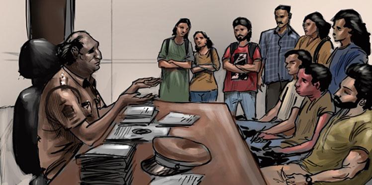 Illustration of a youth collective at a police station
