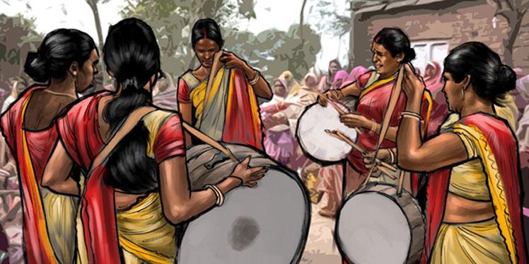 Illustration of women playing drums in Dhibra
